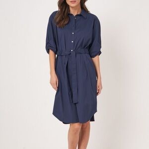 Repeat Dark Blue Shirt Dress With Short Batwing Sleeves Belted preppy cotton